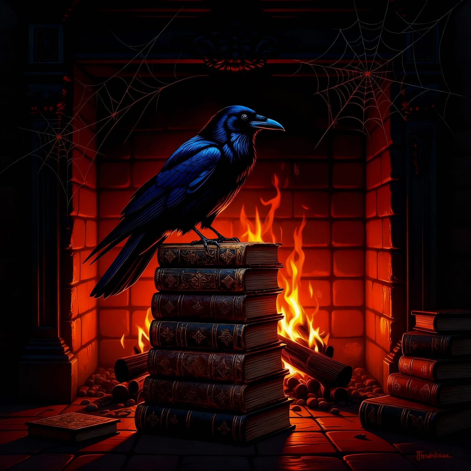 Fantasy Raven on Books by Glowing Fireplace
