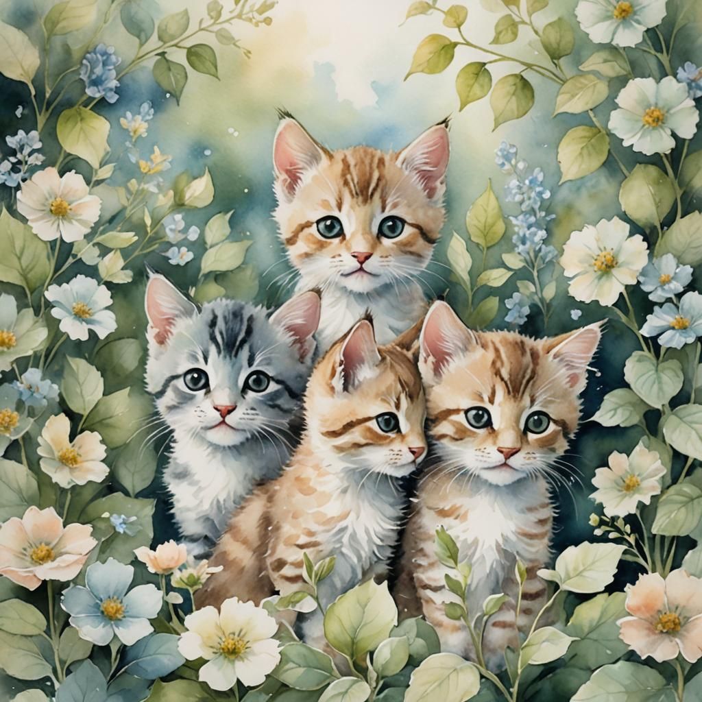 Whimsical Kittens Playing: Watercolour Illustration