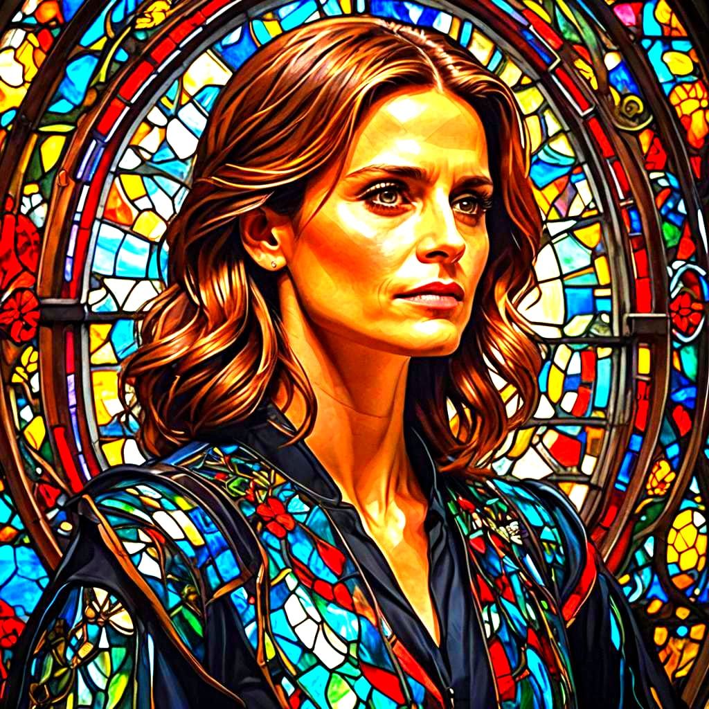 Person Reflecting in Vibrant Stained Glass Window