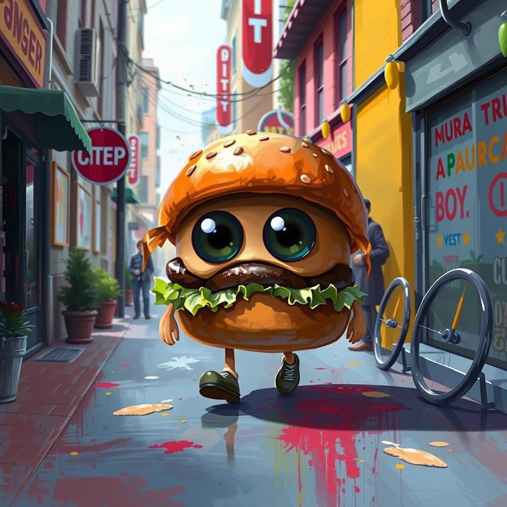 Chibi Hamburger Walks Urban Street: Digital Painting
