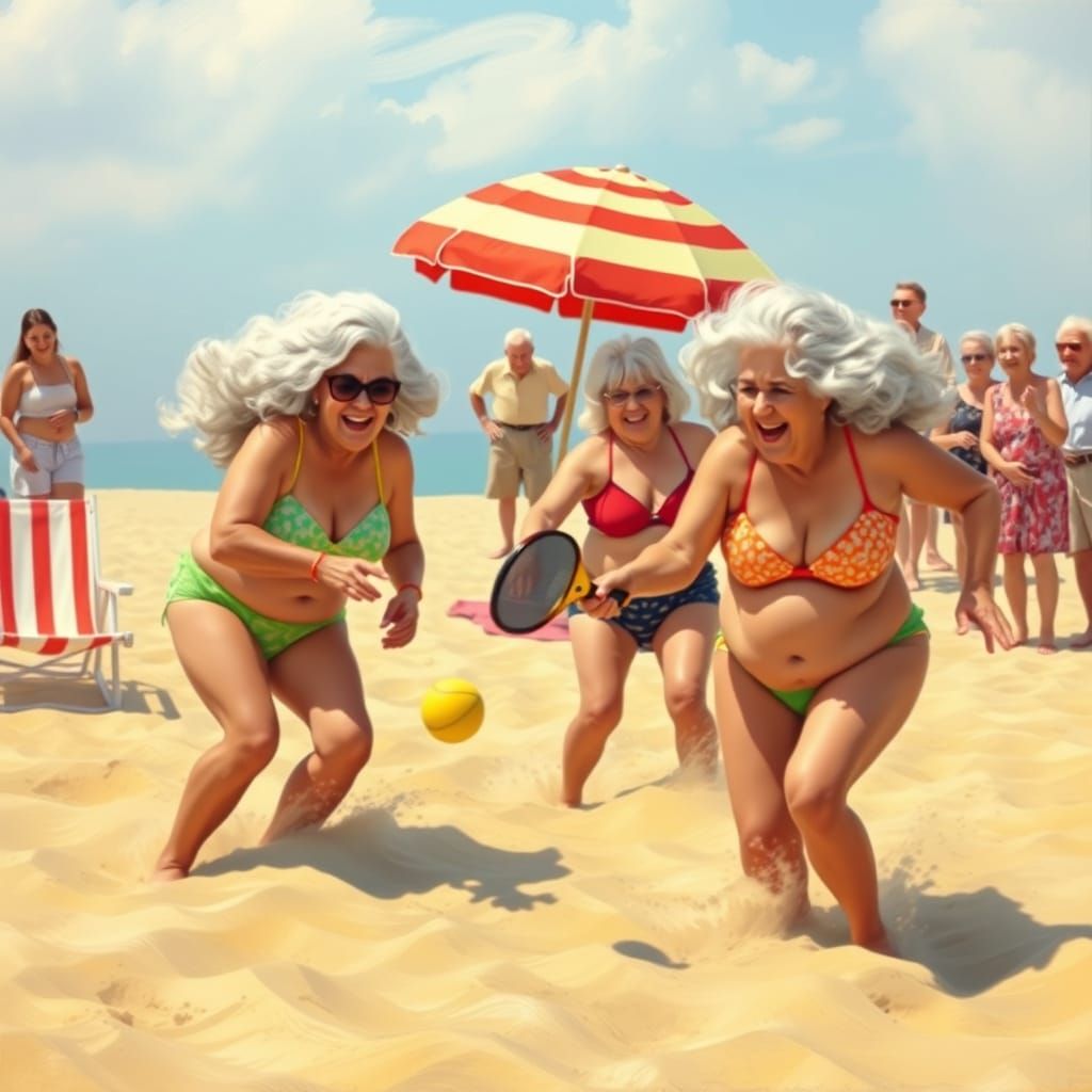 Jovial Grandmothers Play Pickle Ball in Vibrant Beach Scene