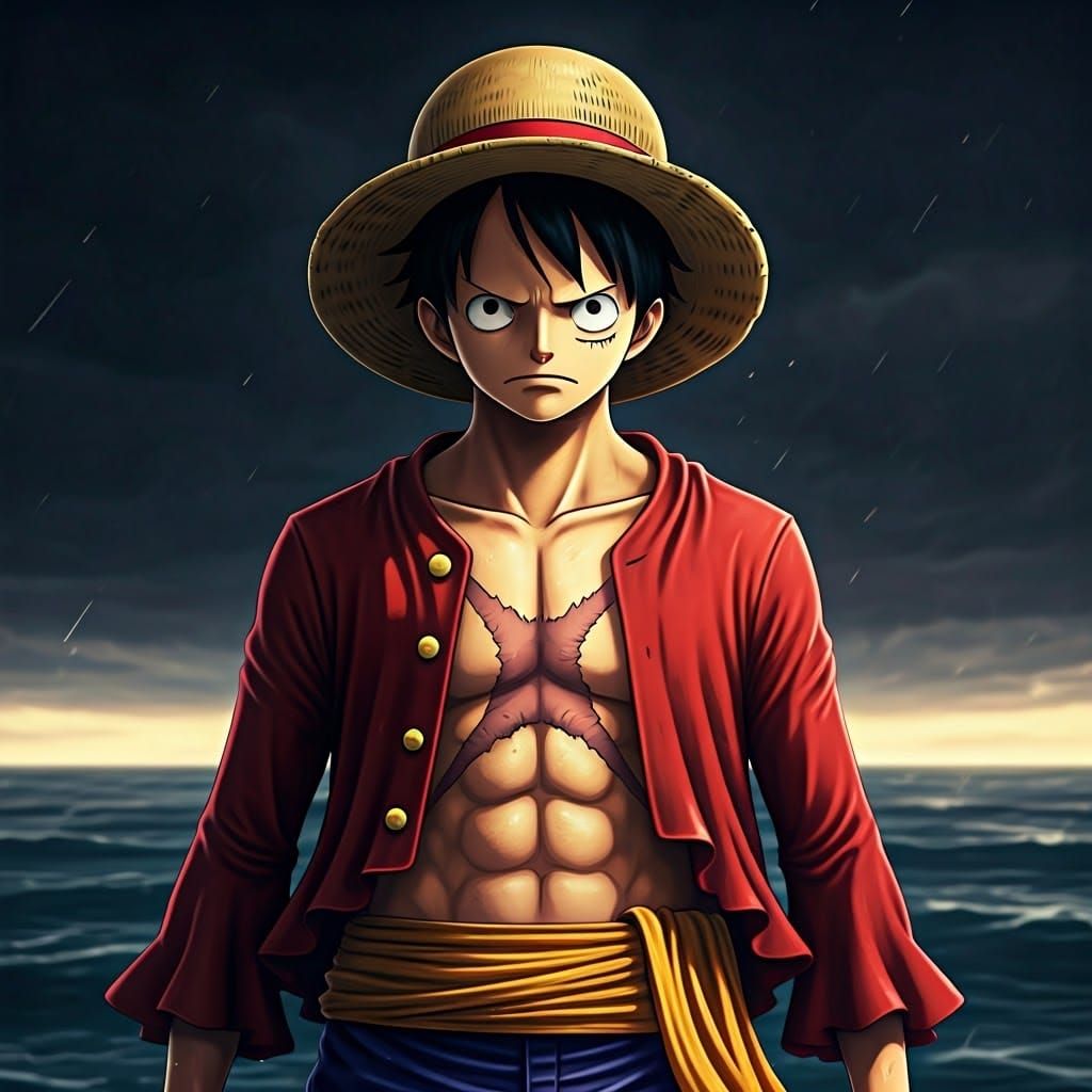 Pirate King Luffy in Cinematic Stormy Seas
