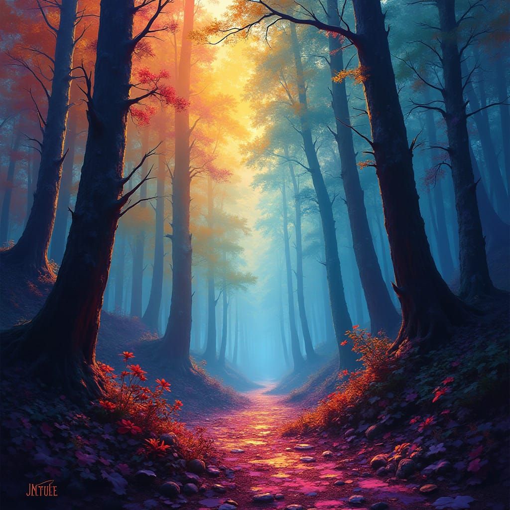Dreamlike Forest Landscape in Vibrant Colors and High Contra...