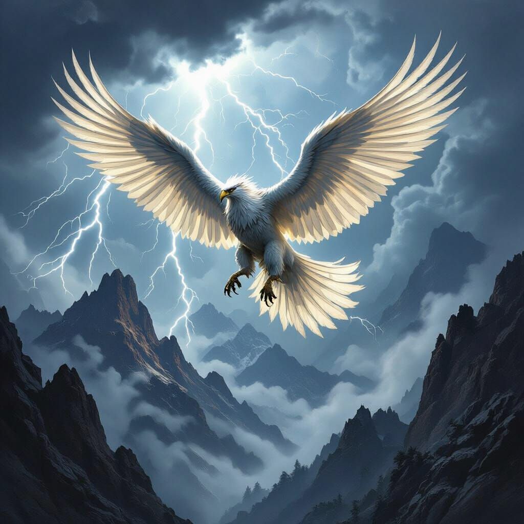 Griffin Soaring Through Stormy Sky in Doré Style