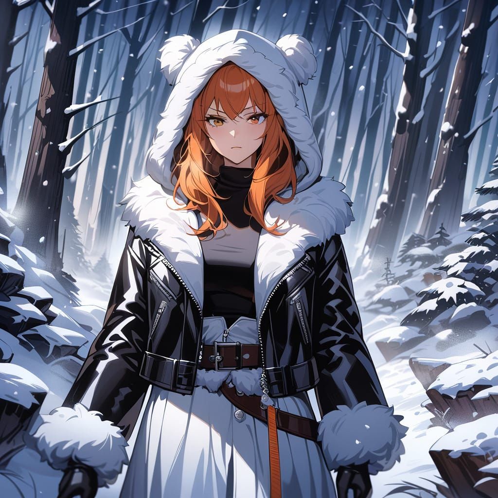 Serious Winter Adventurer in Fur Cloak and Leather Jacket