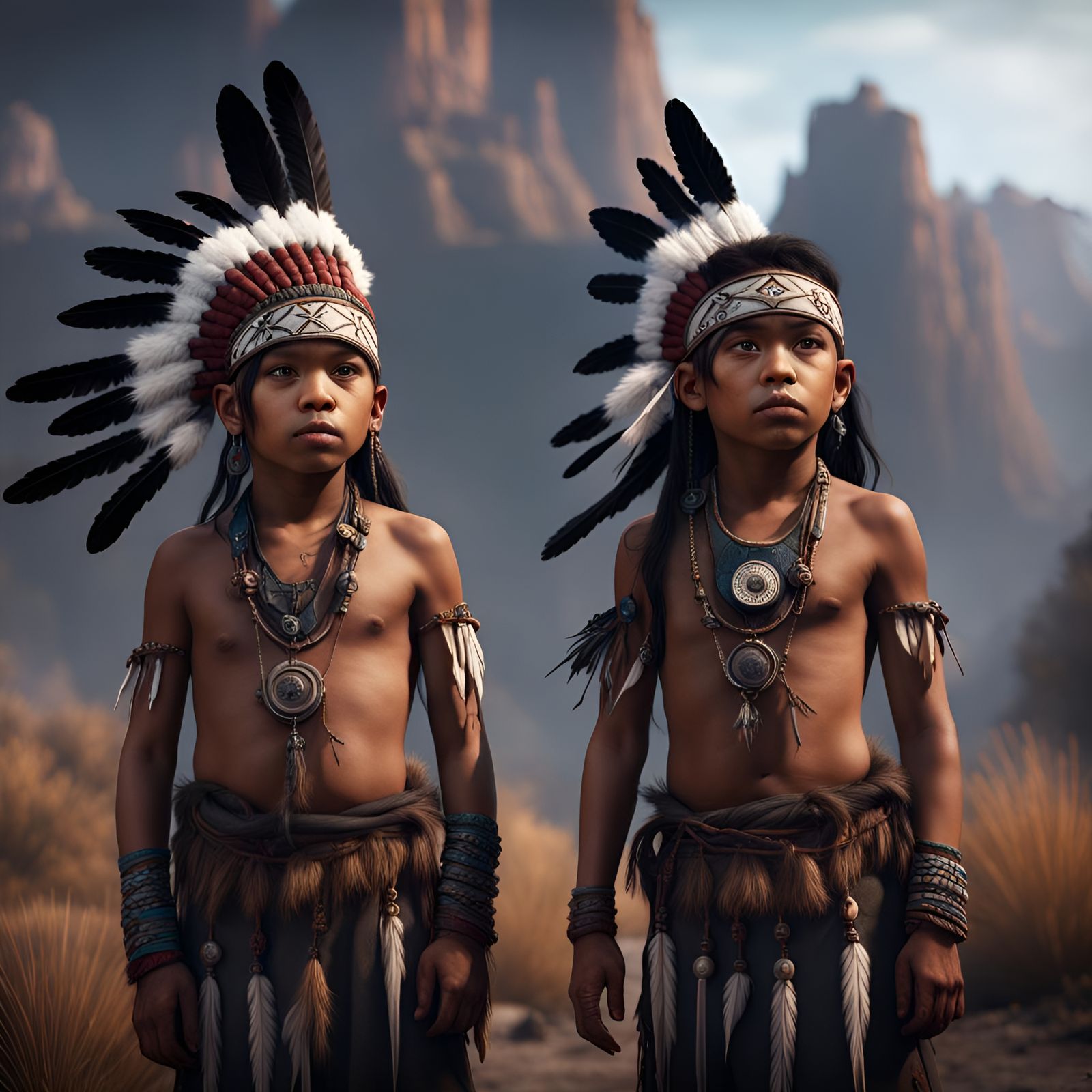 Native American Twin Boy Ghosts in Matte Painting