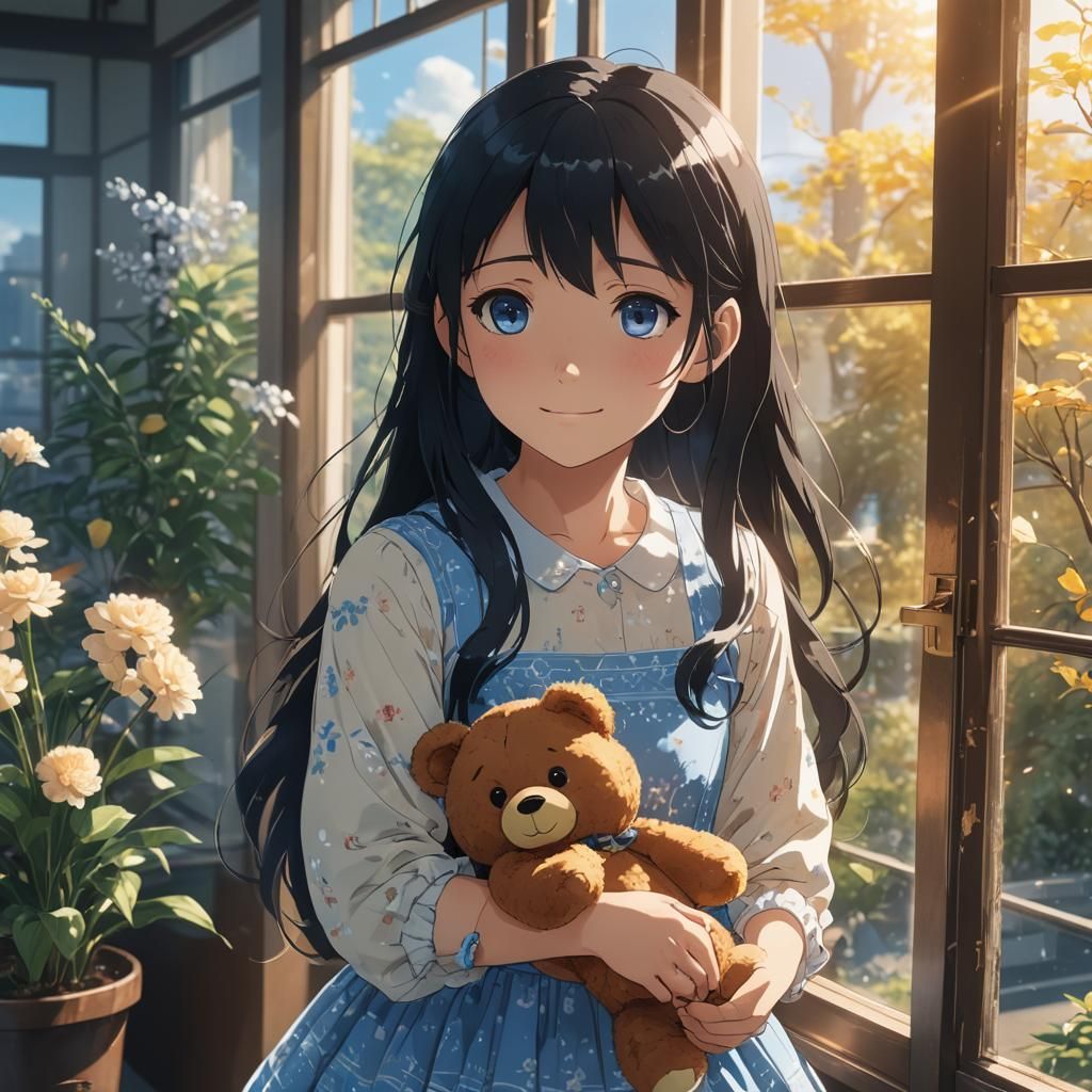 Anime Girl in Teddy Bear Dress, Watercolor Style