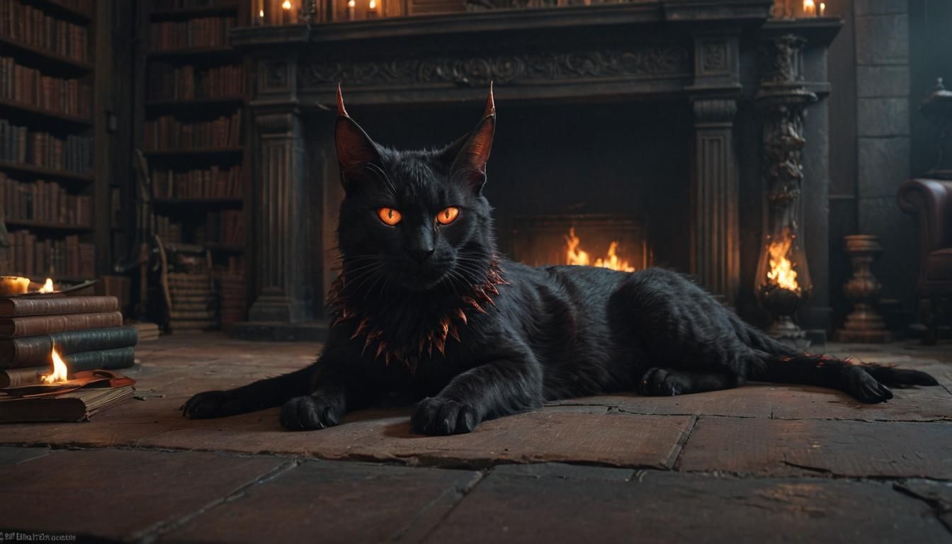 Abyssal Fiendish Cat in a Dark Fantasy Library