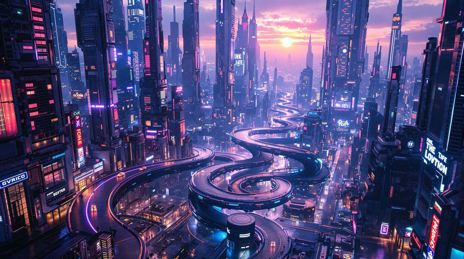 Futuristic Cityscape with Twisting Staircase at Sunset