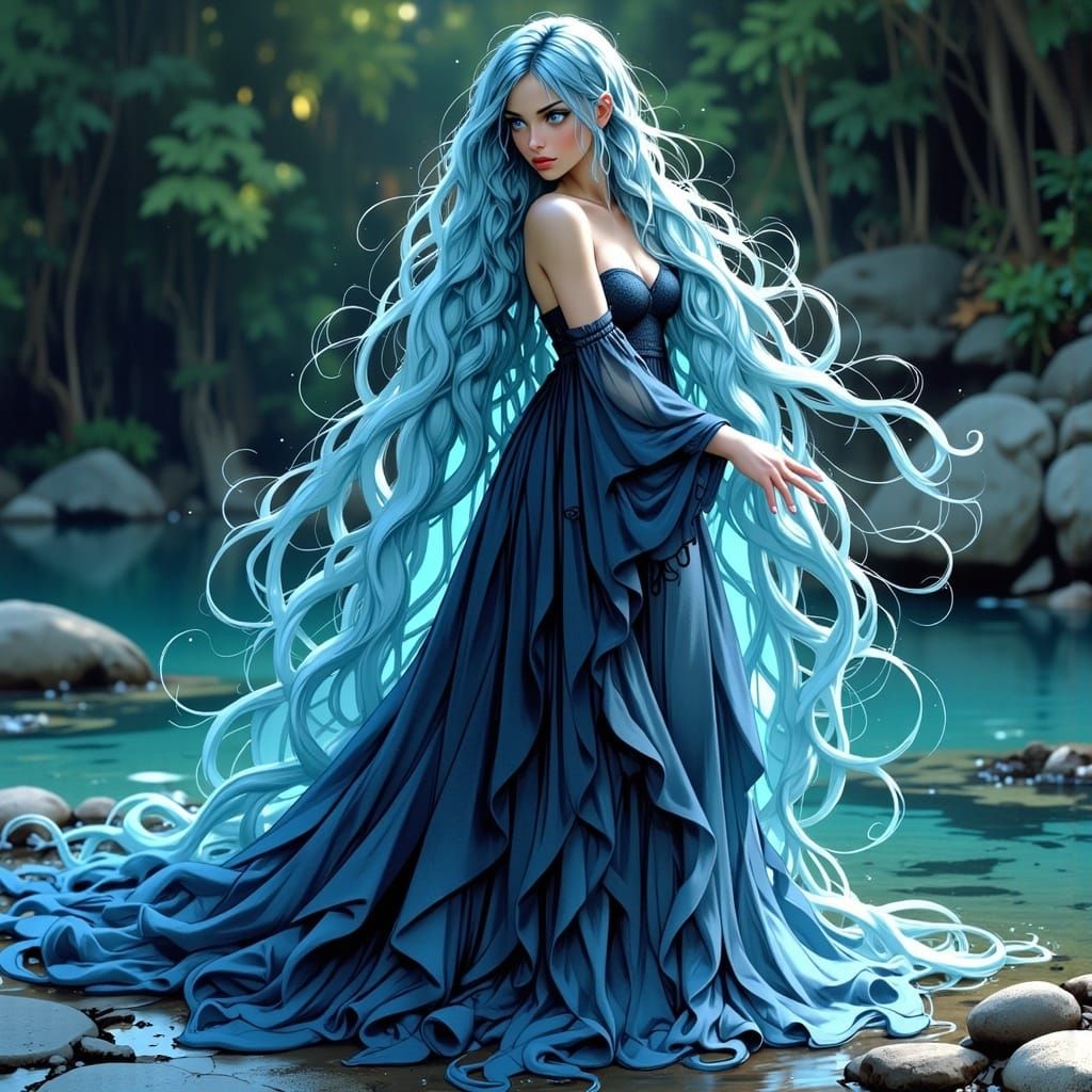 Aqua-Haired Woman by River in Anime Style