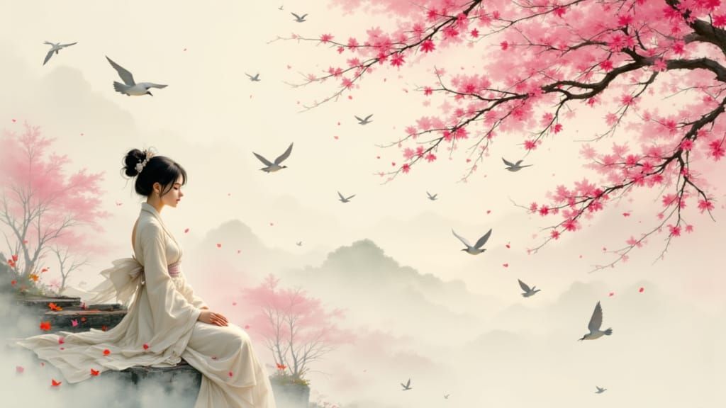 Serene Woman in Cherry Blossom Landscape