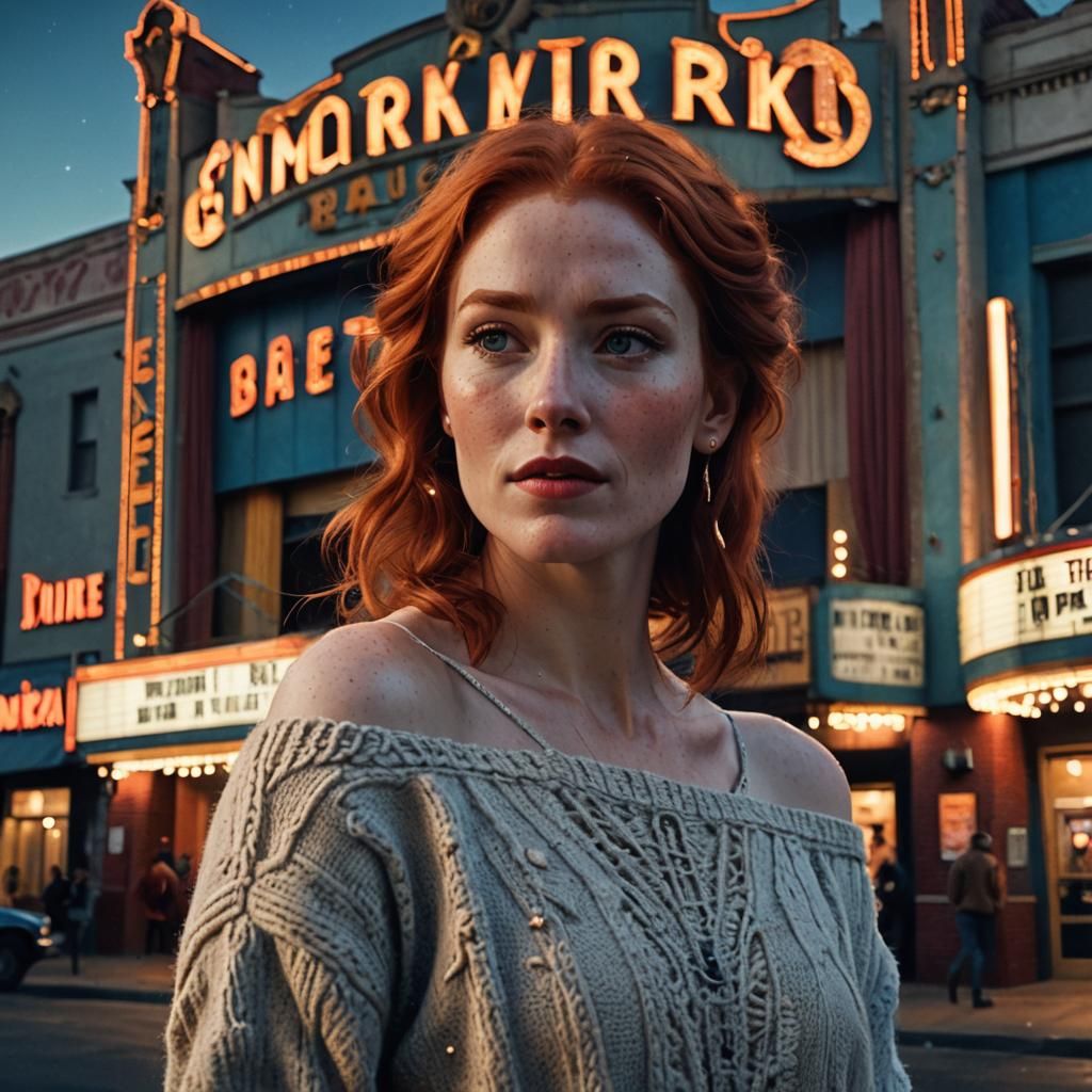 Red-Haired Woman at Movie Theatre, Fantasy Concept Art