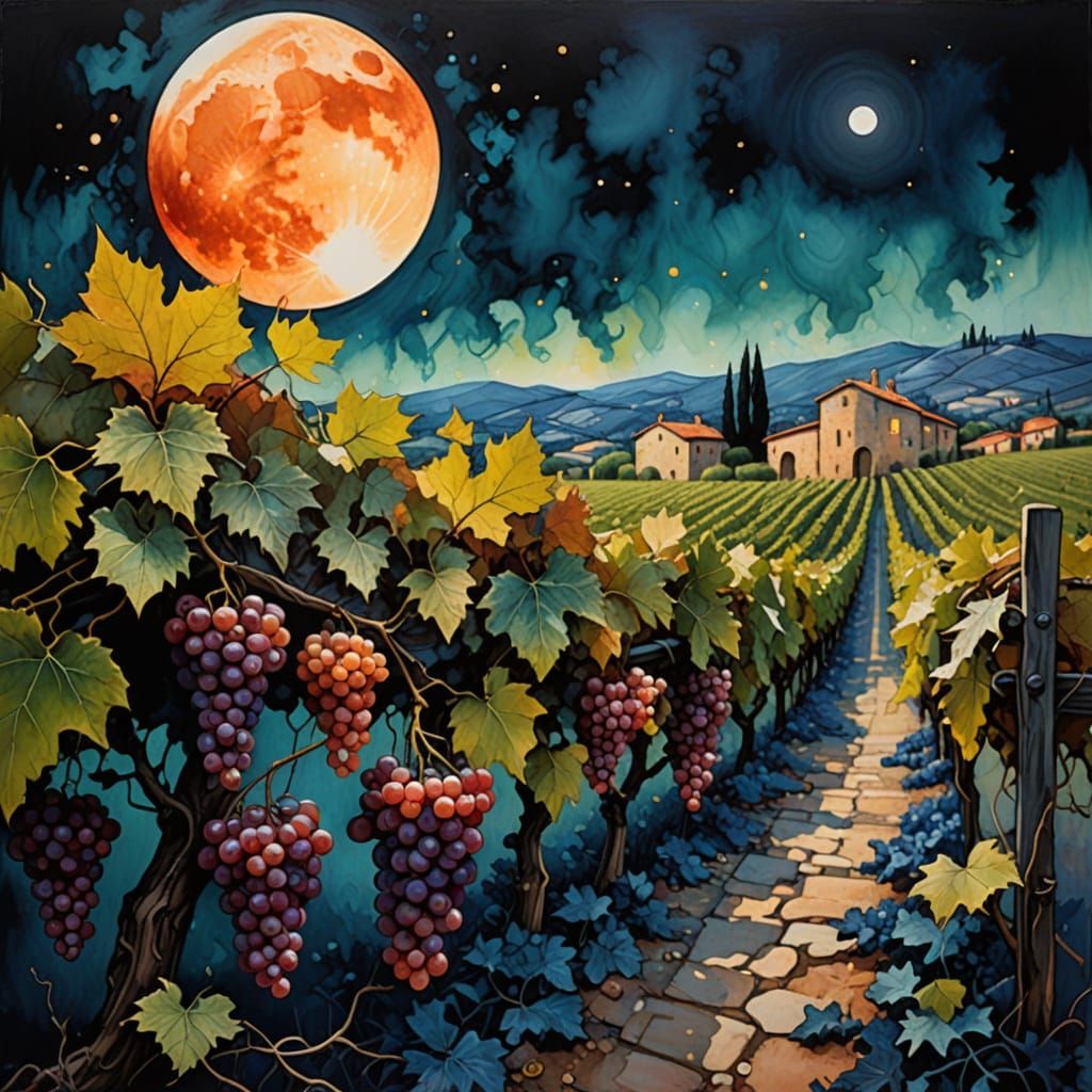 Fantasy Vineyard Scene Under a Warm Moonlit Sky