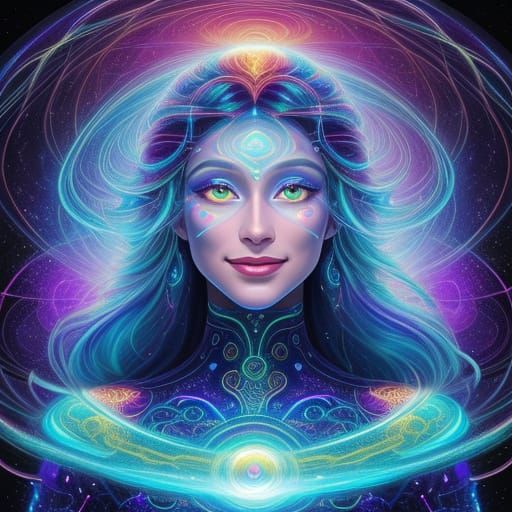 Happy Woman with Psychic Energy in Cosmic Style