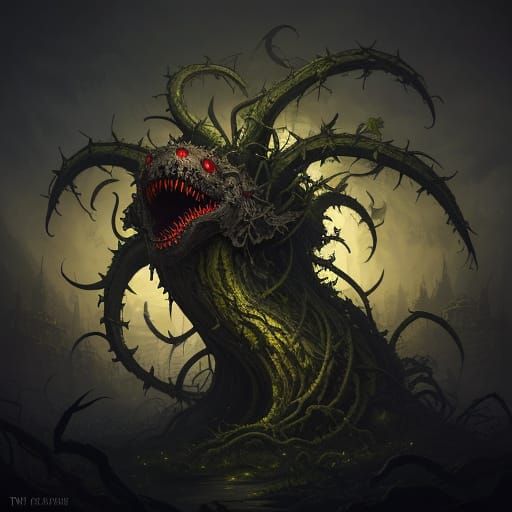 Sinister Piranha Plant in Dark, Misty Landscape