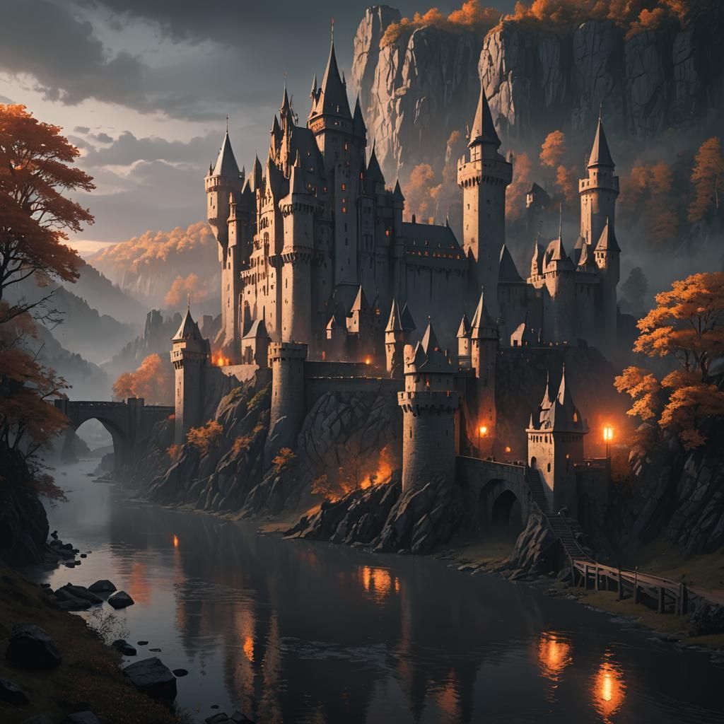 Dark Fantasy Castle with Towering Walls in Anime Style