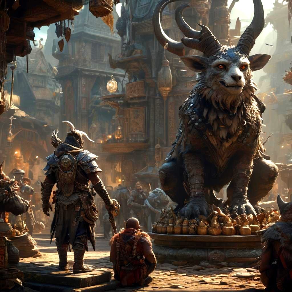 Fantasy City Marketplace with Horned Merchants