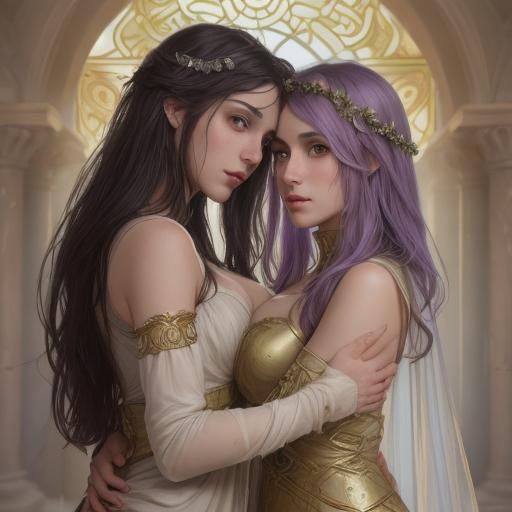 Greek Women Embrace in Temple Pool: Dark Fantasy Art