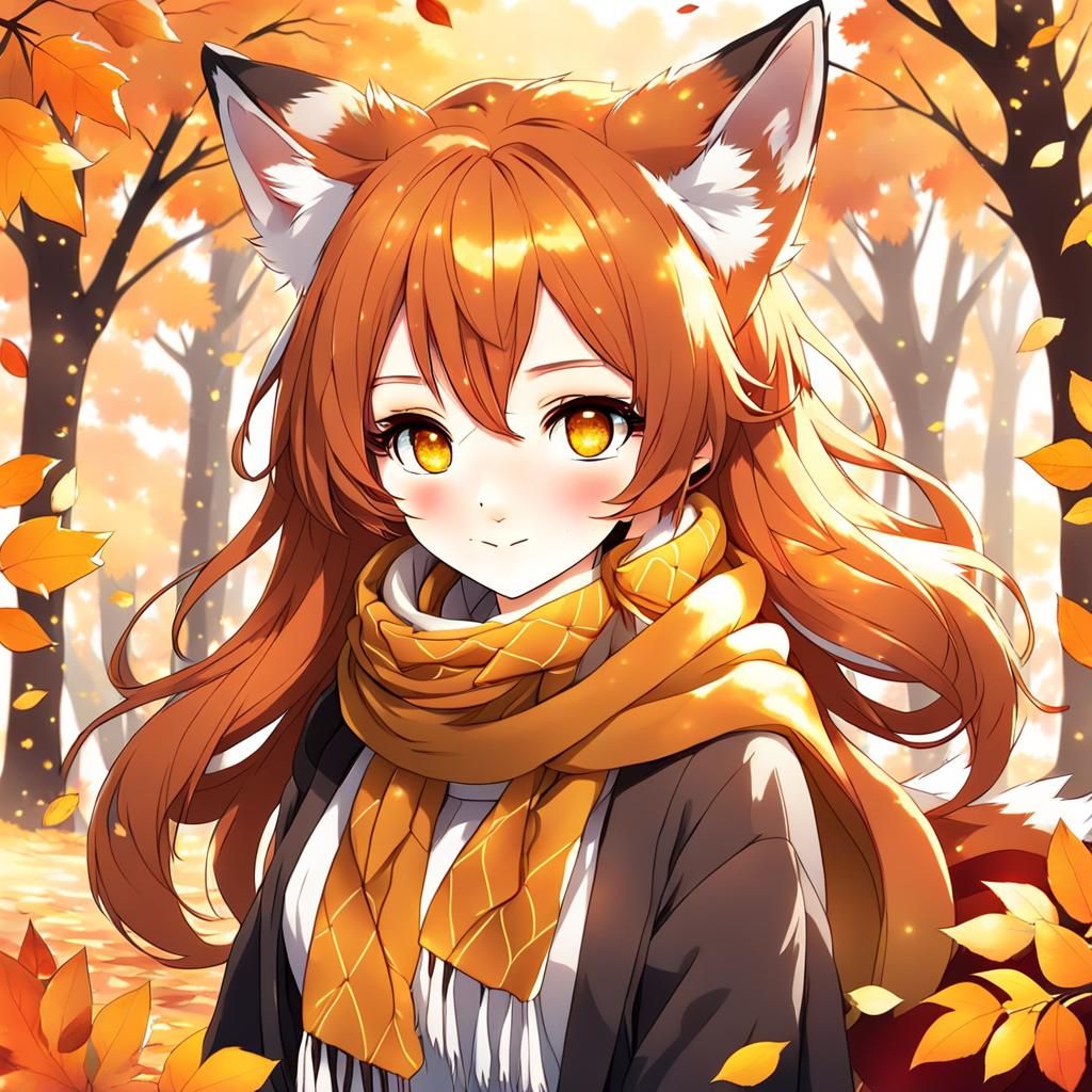 Anime Fox Girl in Autumn Leaves