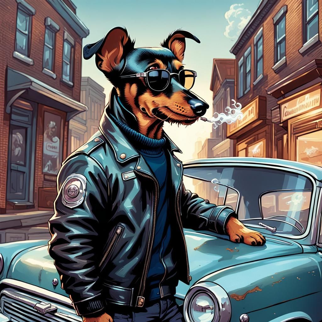 A anthropomorphic Dachshund with a pompadour hairdo and  leaning on an old car, wearing a leather jacket and smoking a c...