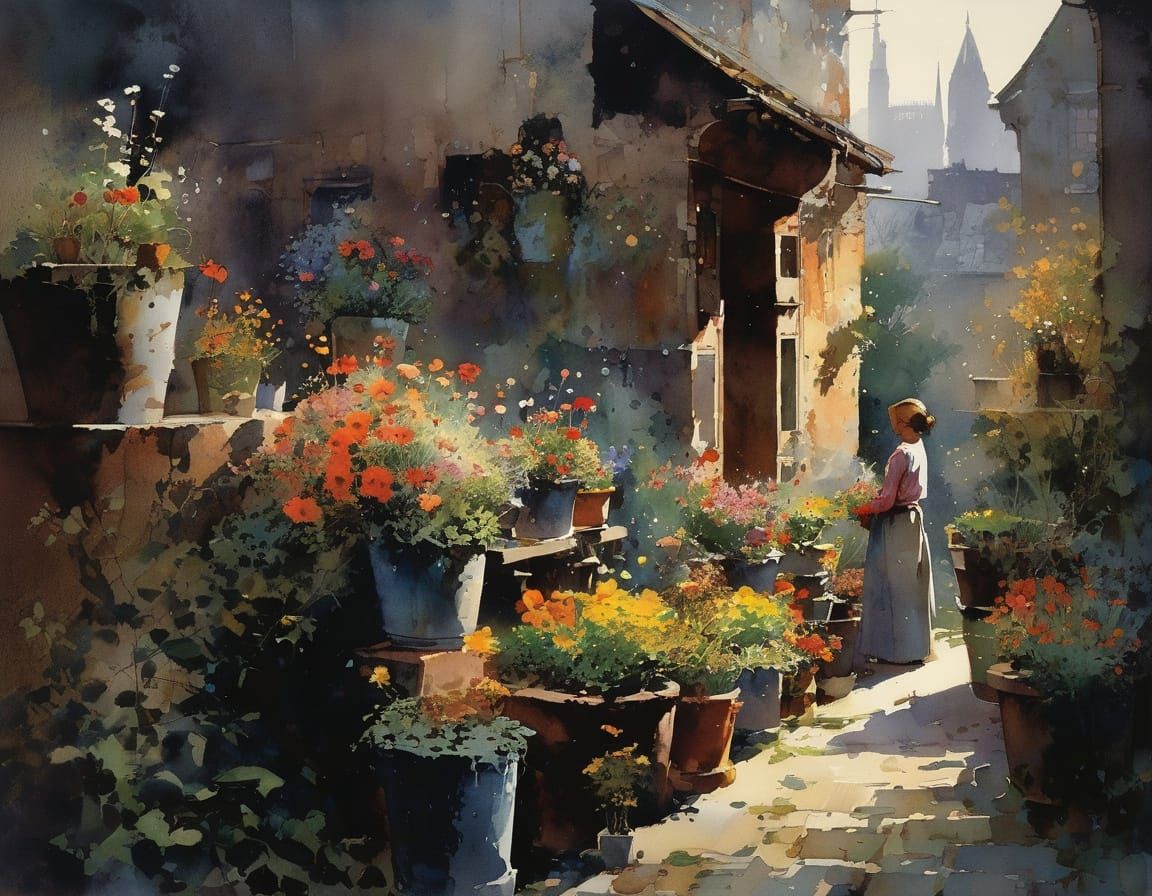 Girl Surprised by Blooming Flower Pots in Dark Urban Backyar...