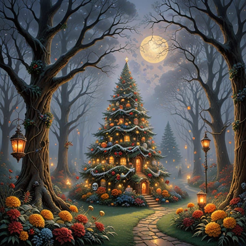 Ethereal Day of the Dead Christmas Tree in Mystical Forest
