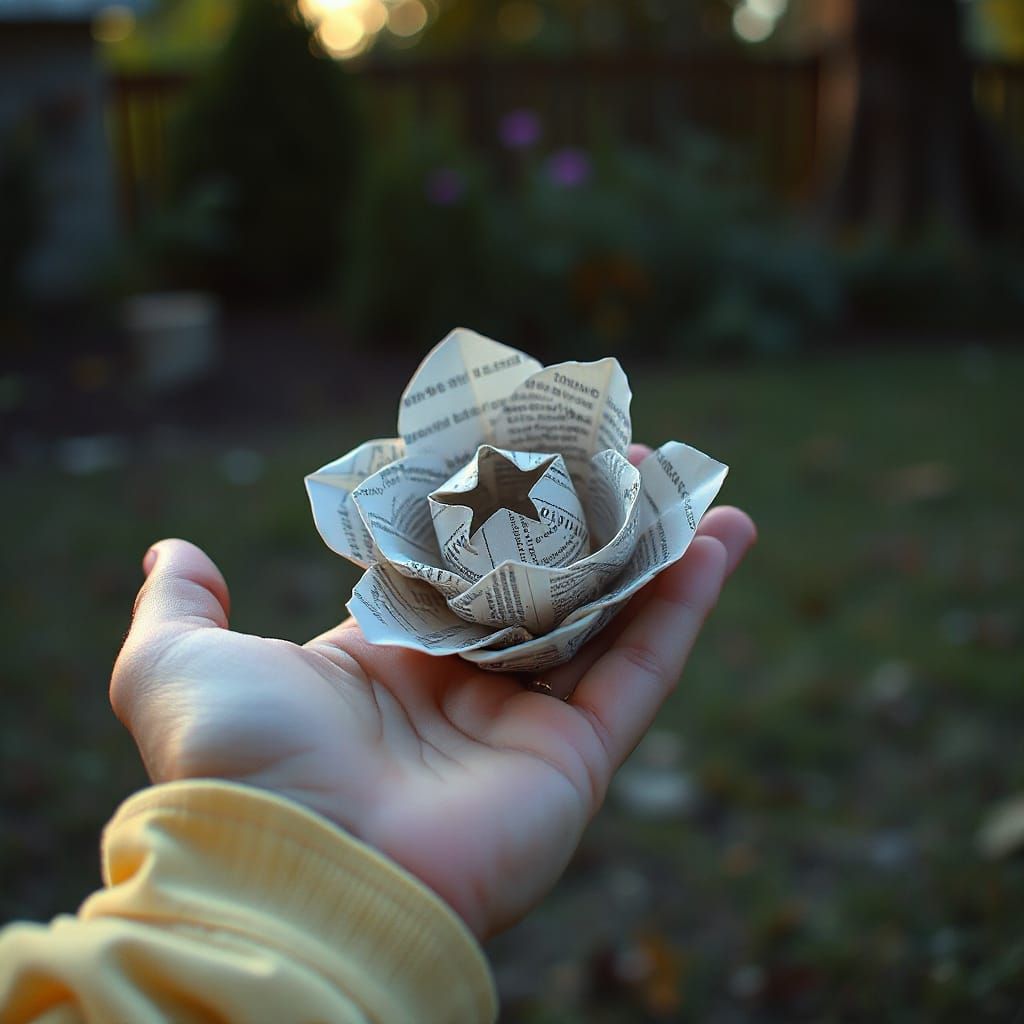 Handmade Newspaper Flower in Dusk Garden
