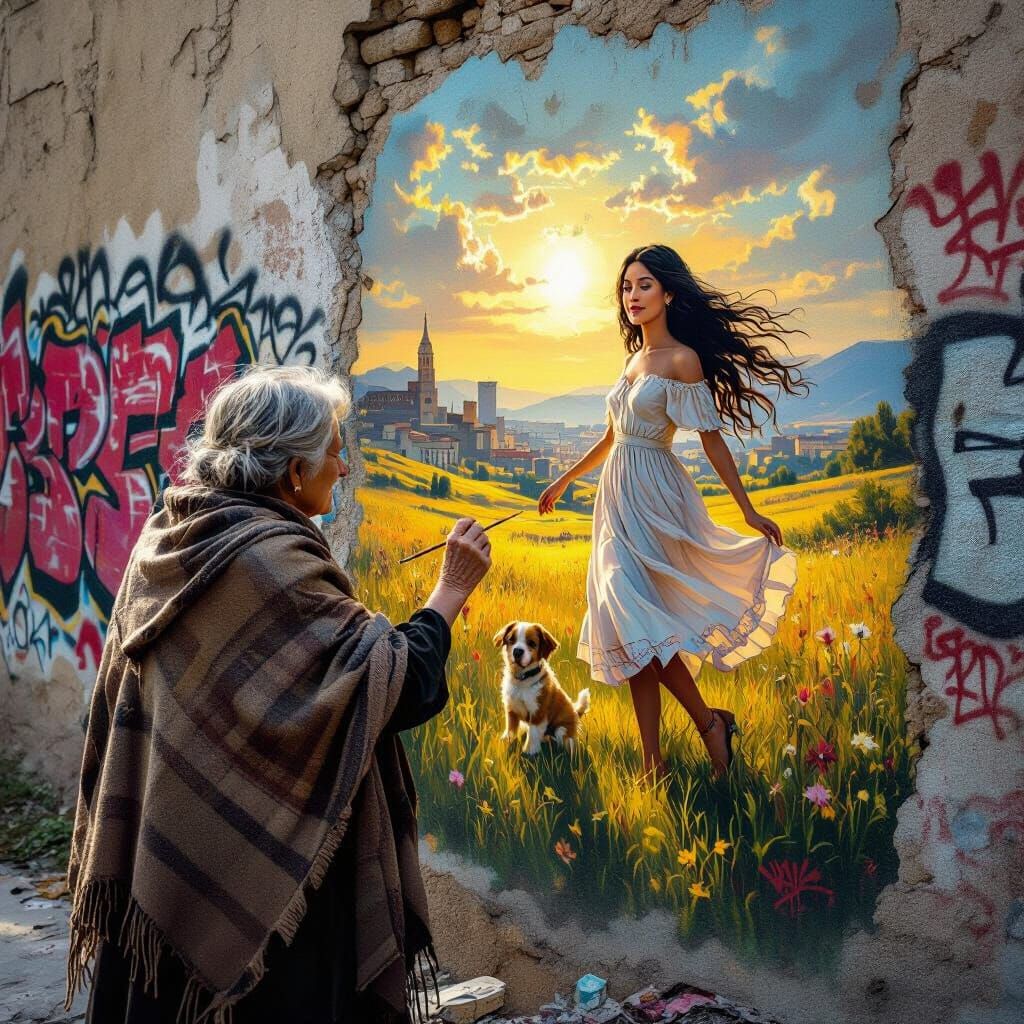 Elderly Artist Paints Hopeful Mural in Dystopian City