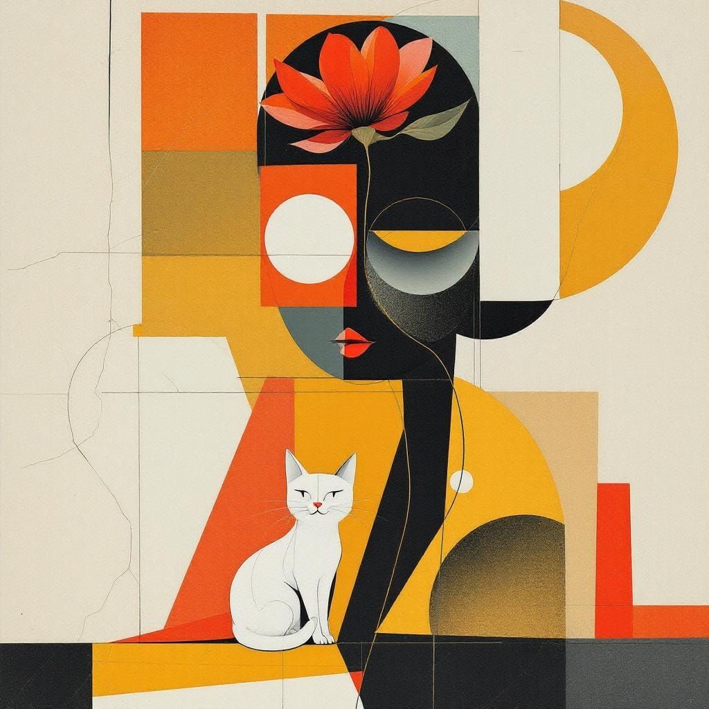 Cubist Cat Under Flower in Geometric Style