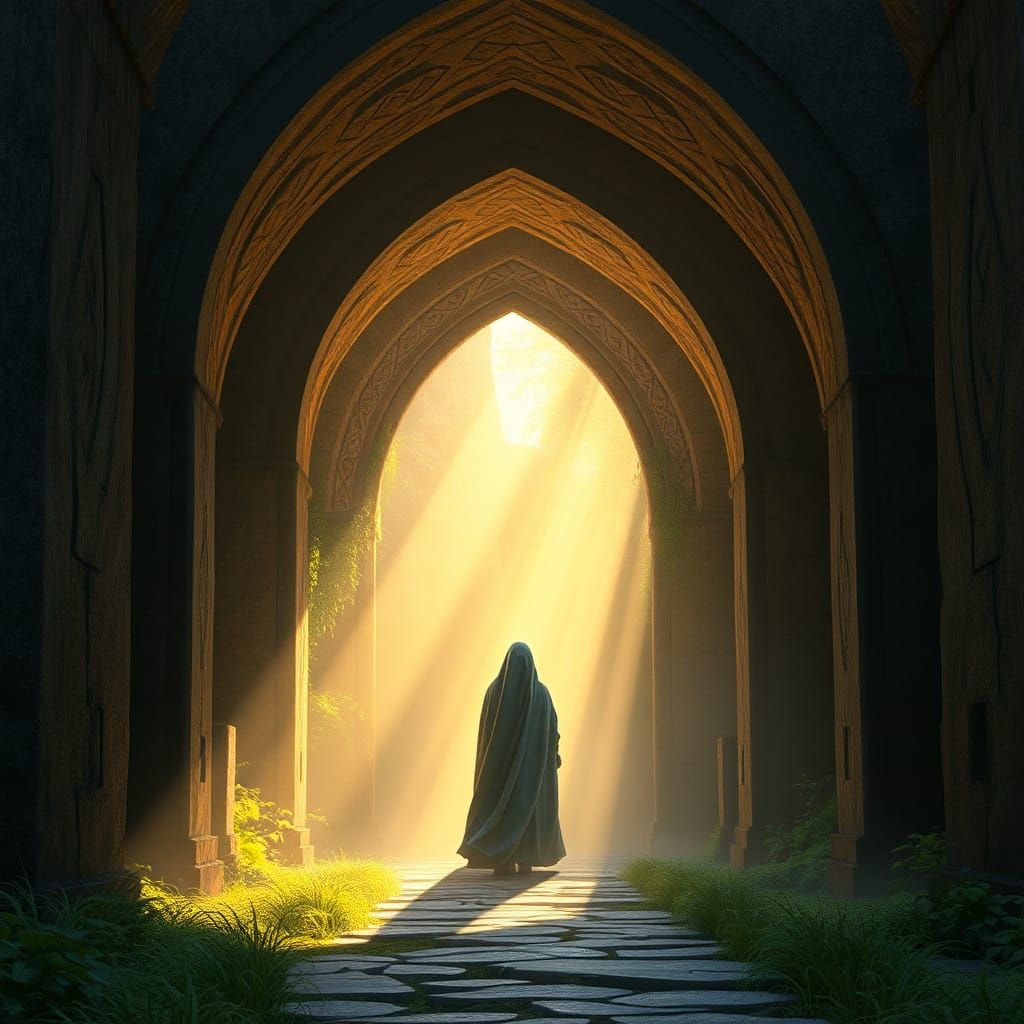 Mystical Figure in Archway with Ethereal Aura