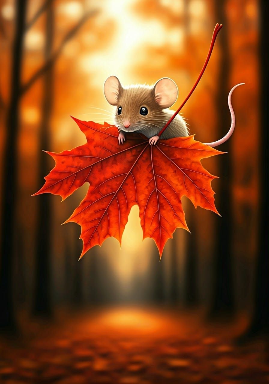 Whimsical Mouse on Red Maple Leaf Drifts Down to Autumn Grou...