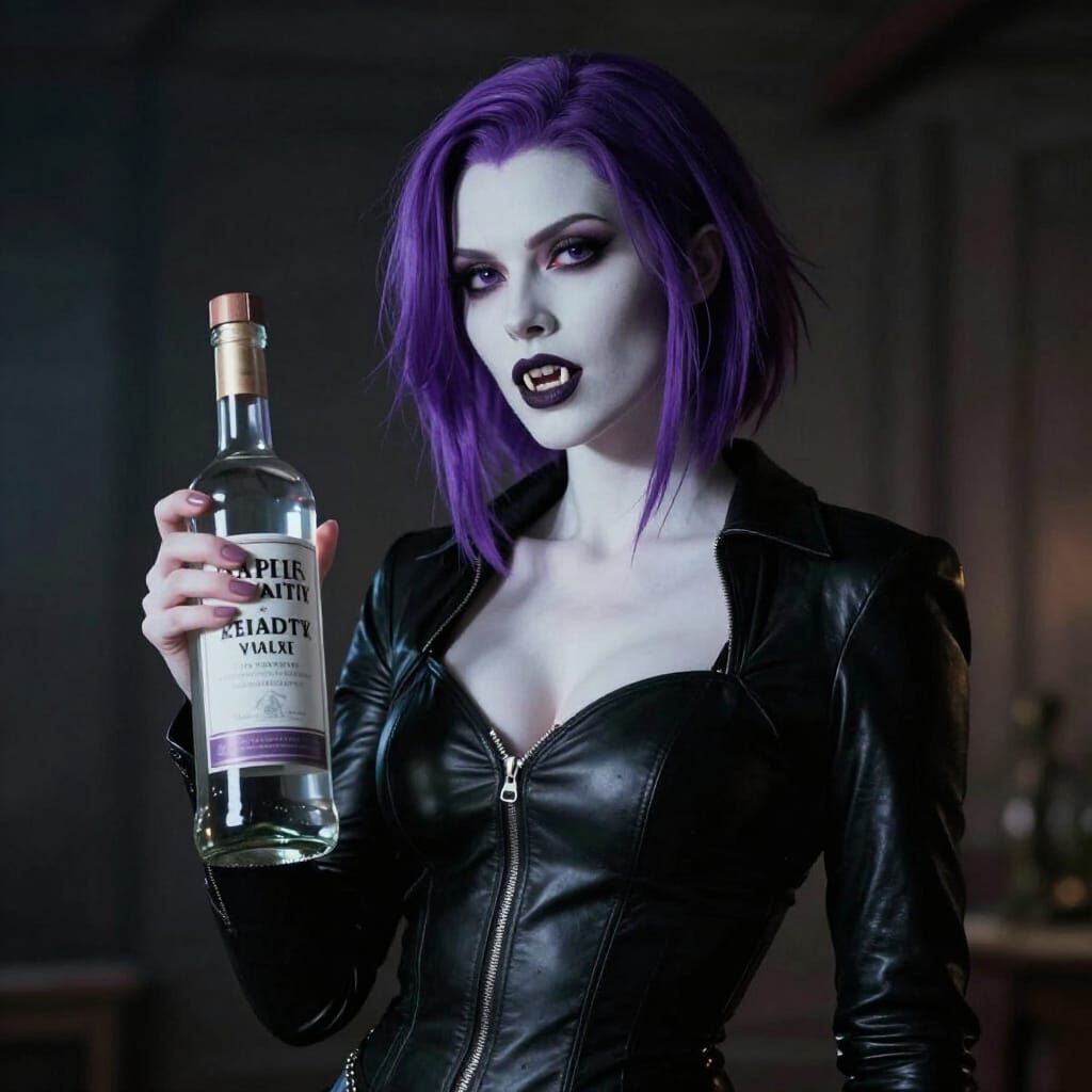 Vibrant Purple-Haired Demon in Leather Holding Vodka