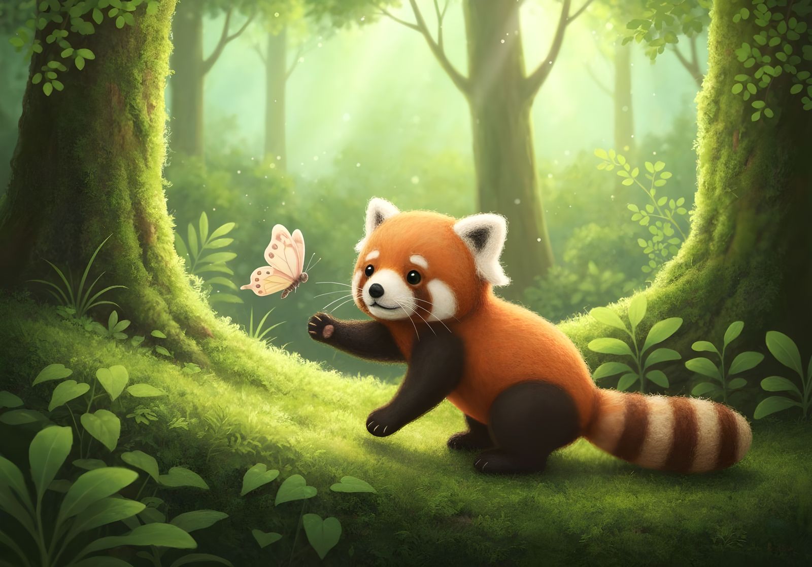 Adorable Felted Red Panda Plays with Butterfly in Kawaii For...