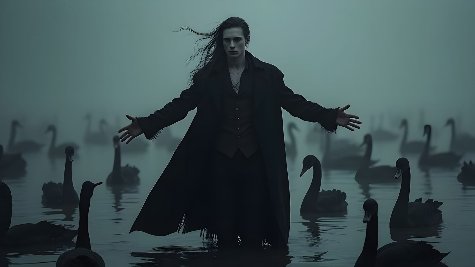 Gothic Victorian Gentleman Amidst a Flock of Black Swans in....