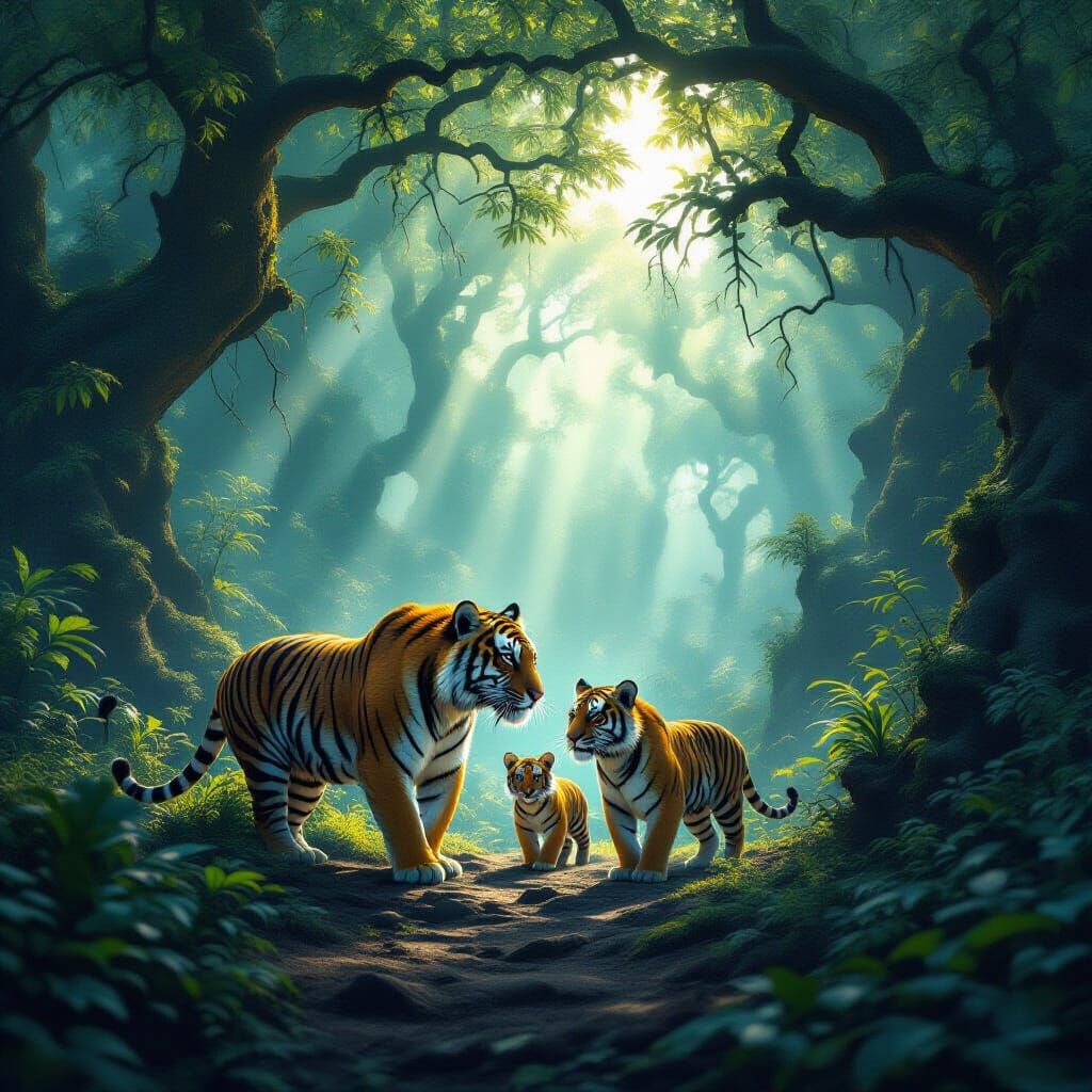 Majestic Tiger Family in Glowing Mystical Forest