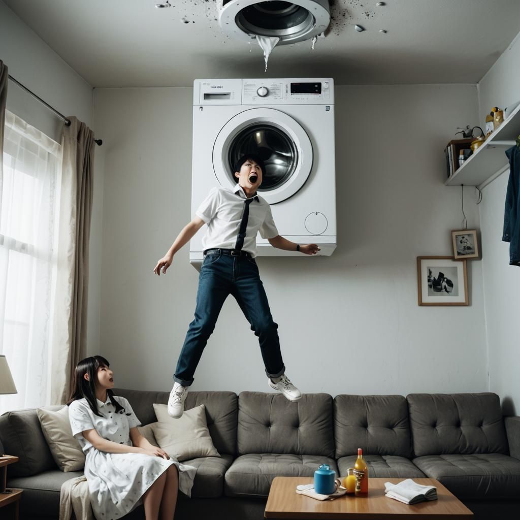 Levitating Washing Machine: A Surreal Horror Scene
