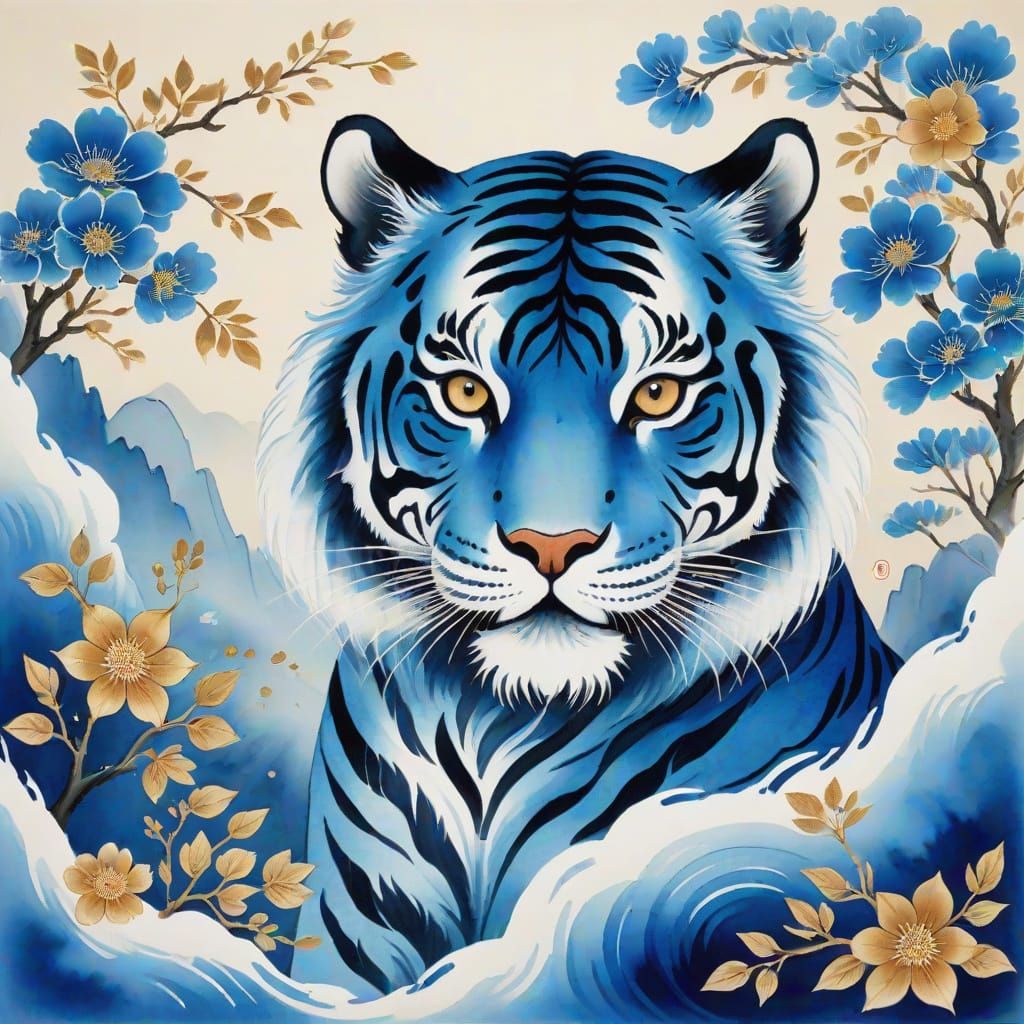 Whimsical Blue Tiger in Korean Folk Art Style
