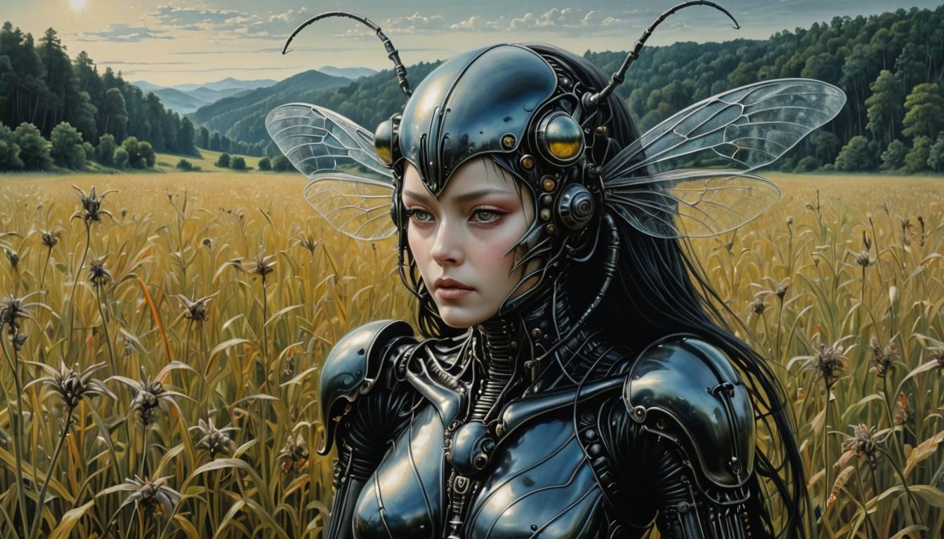 Surreal Bio Art: Insect Woman in Meadow