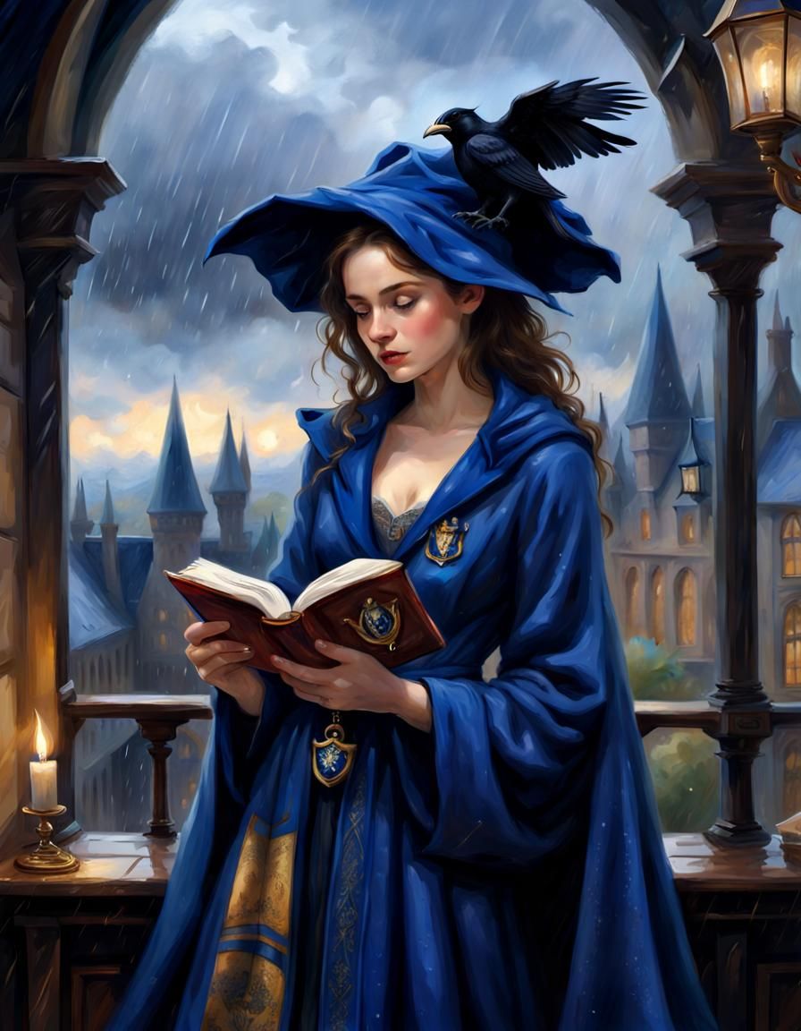 Rowena Ravenclaw Reading on Rainy Hogwarts Roof