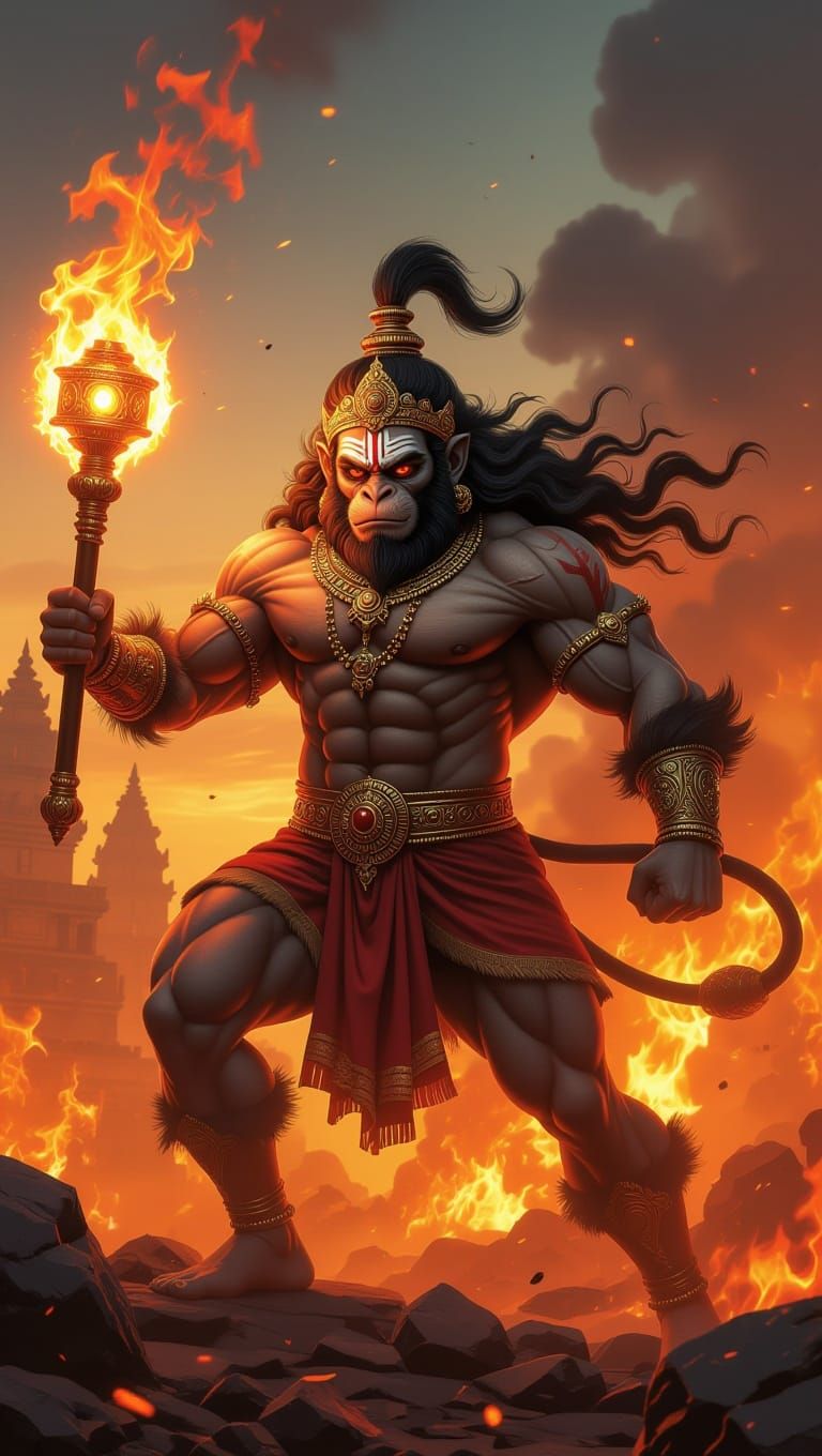 Lord Hanuman Wields Mace in Fiery Battle