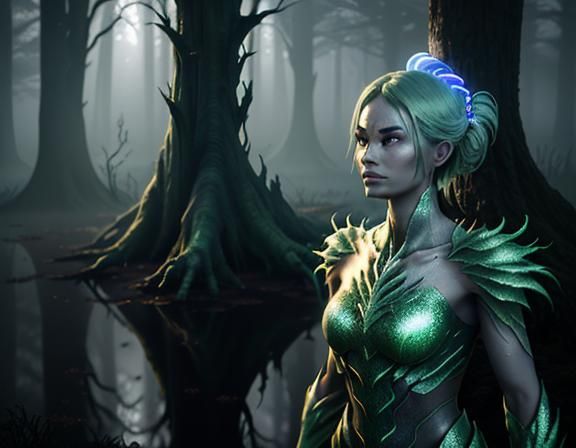 Amphibian Woman in Misty Swamp, 3D Rendered