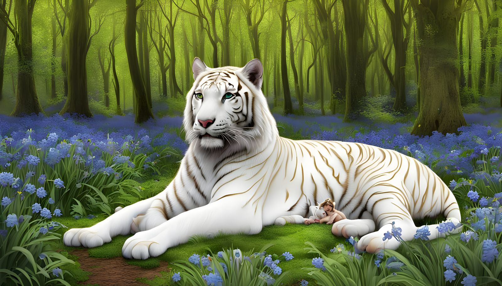 Fairy Cuddles White Tiger in Sunny Woodland