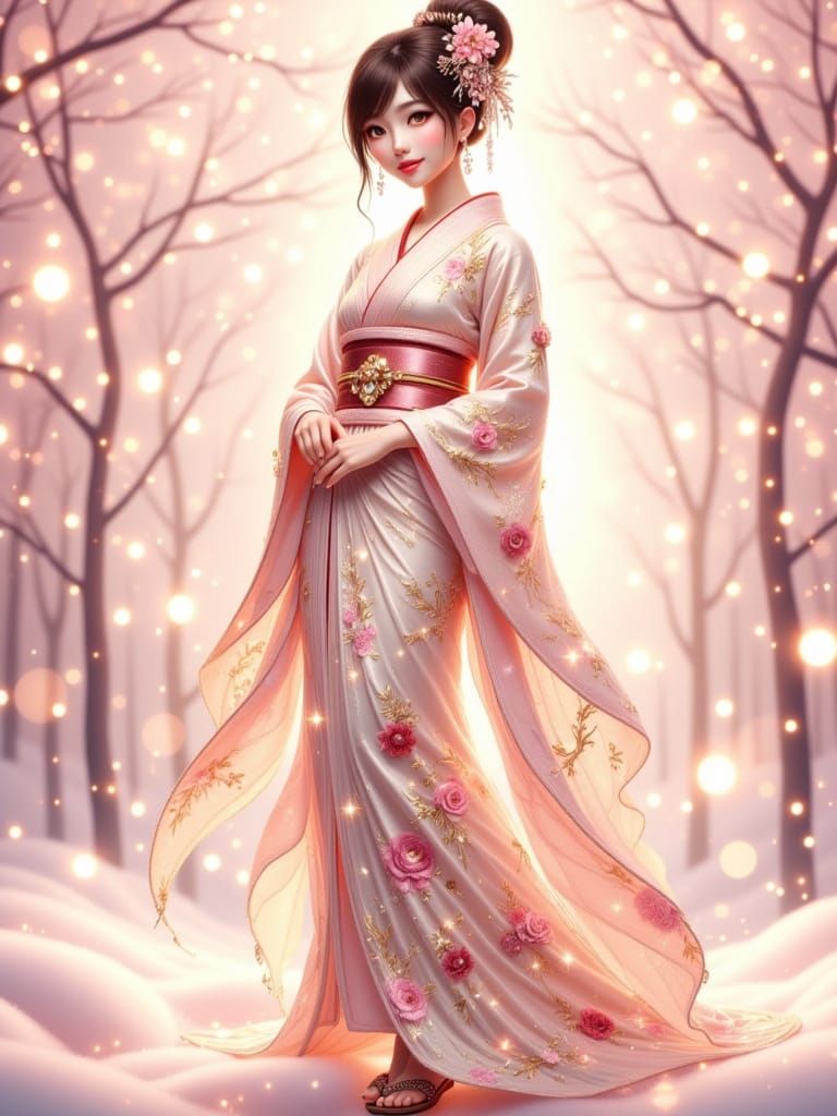 Anime Portrait: Japanese Woman in Pink Kimono