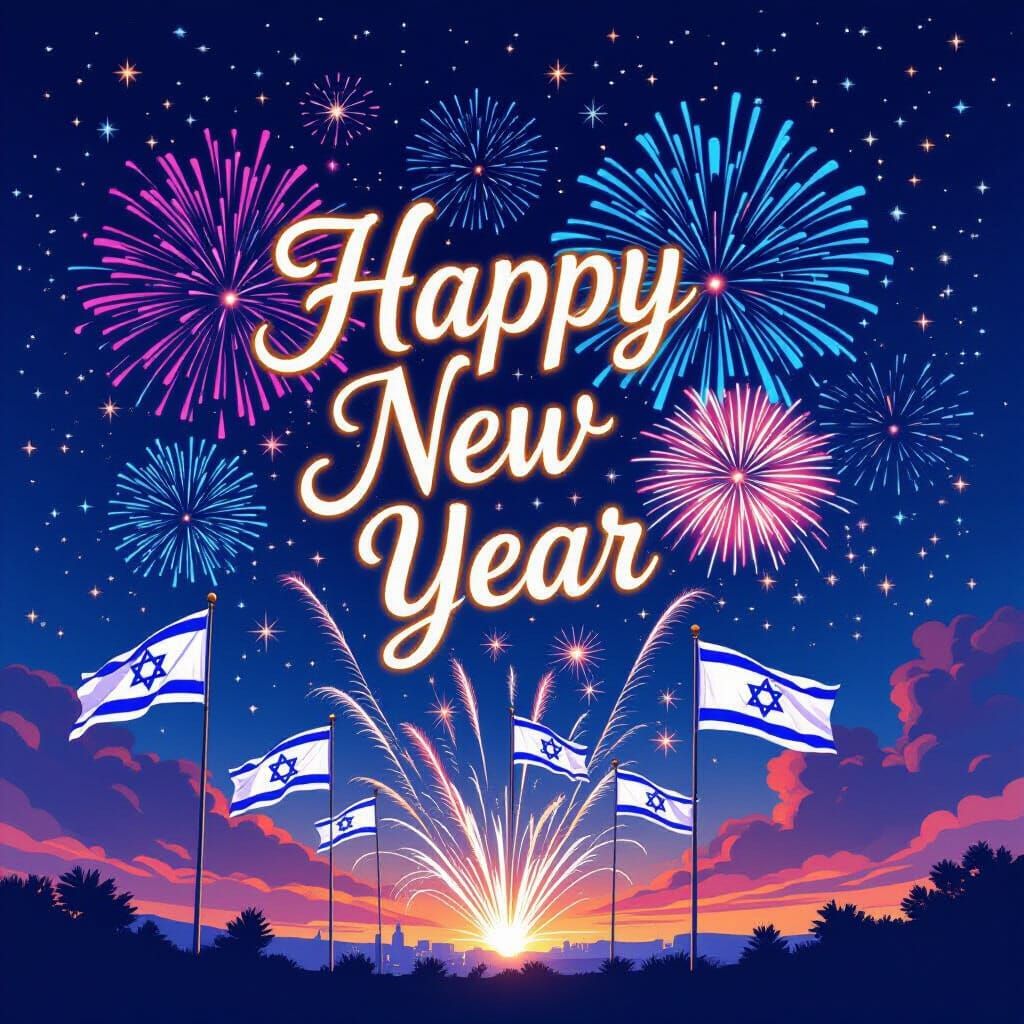 Happy New Year Fireworks Over Israeli Flags