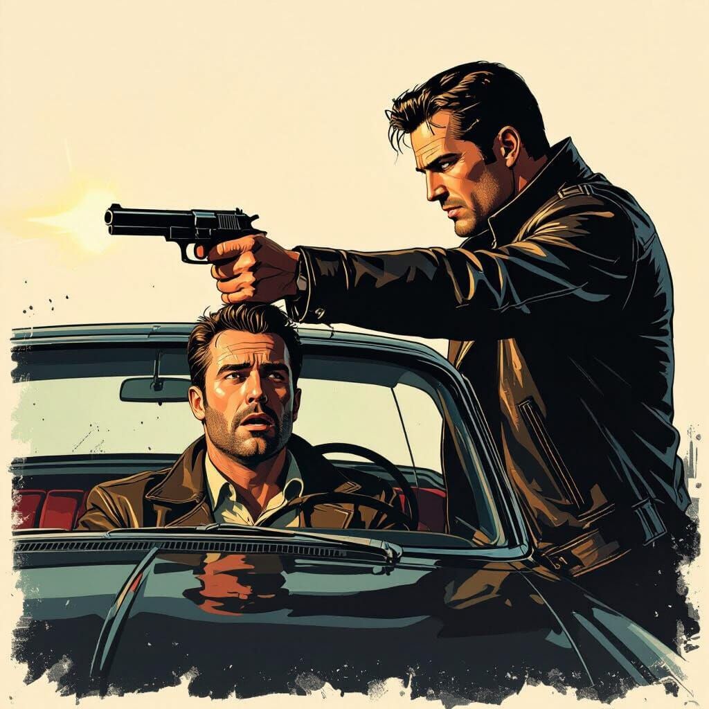 Dramatic Film Noir Standoff in Vintage Car
