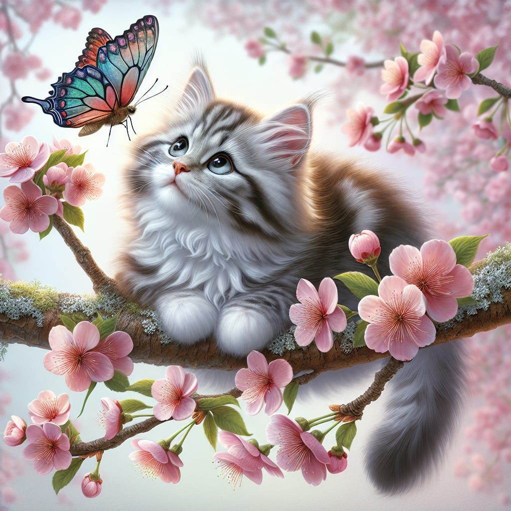 Cat and Butterfly in Cherry Tree: Digital Art
