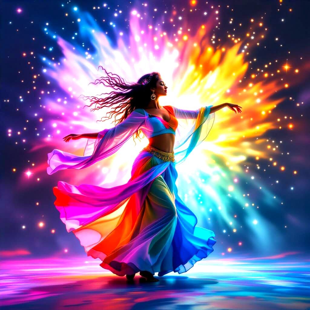 A spiritual dancer mid-twirl in an explosion of paint and st...