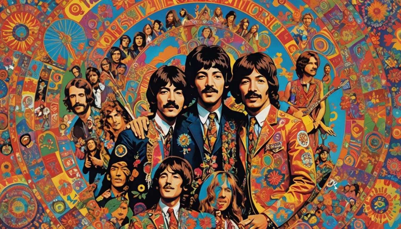 Psychedelic 1960s Poster Art with Music Icons