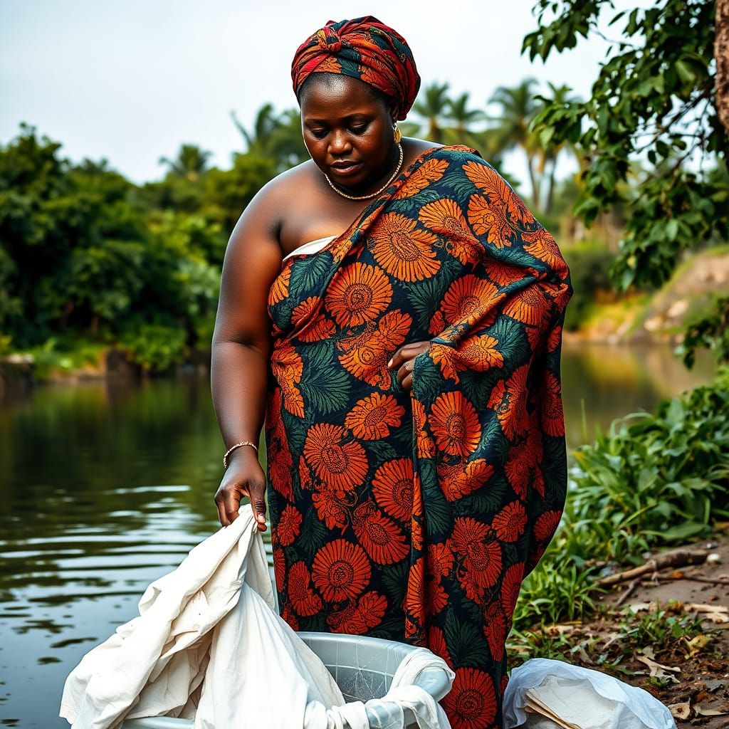 Nigerian Woman Washing Clothes by River: Hyperrealistic Imag...
