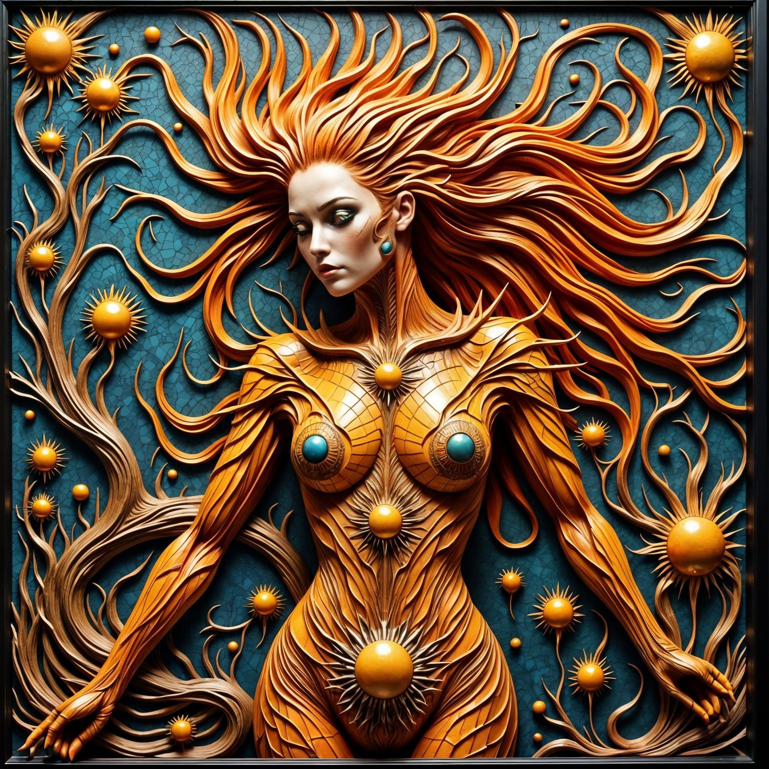 Biomechanical Beauty in Surreal Stained Glass Style
